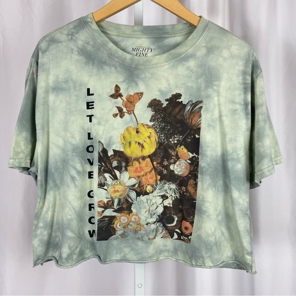 Mighty Fine Medium Boho Flower Floral Tie Dye Butterfly Raw Hem Crop Top Hippie - Picture 1 of 5